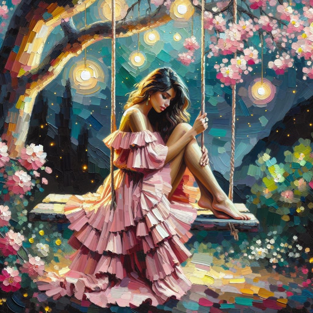 a young woman sitting on a wooden swing hanging from a tree ...