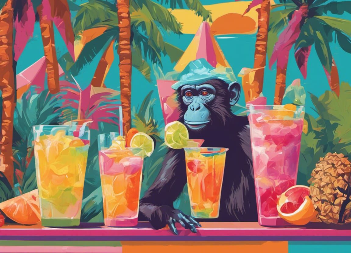 a monkey barman prepares juices, ice creams and iced drinks with exotic