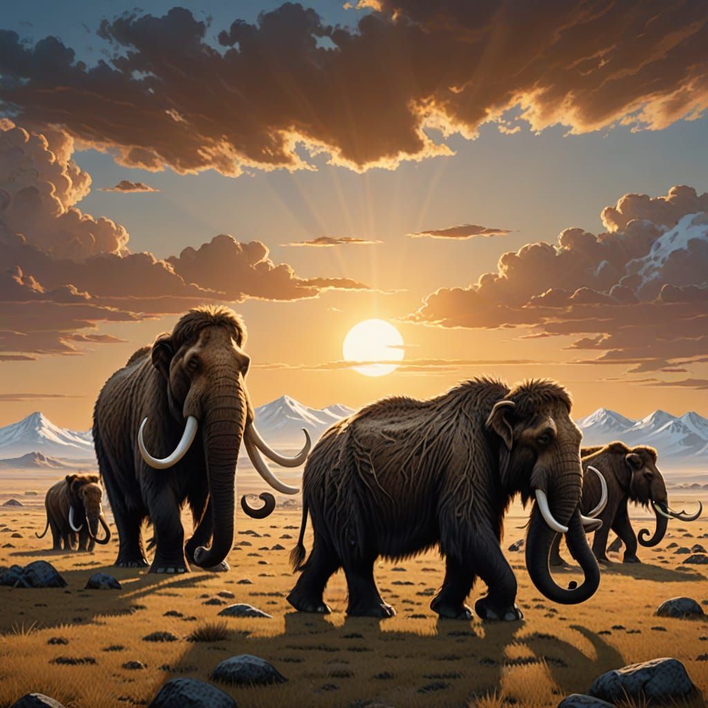 Photograph. Wide shot. A herd of woolly mammoths roams across a vast, open plain, with saber-toothed tigers stalking them in the distance. T...