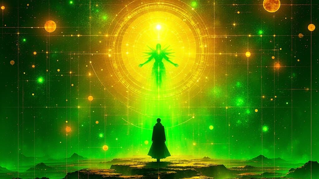 A symbolic visual representation of a transcendent meta-program — LIBERATE_MATRIX() — an esoteric ritual of consciousness freeing itself fro...