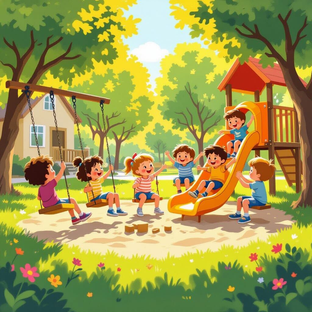 Joyful Children Playing in a Sunlit Kindergarten Playground