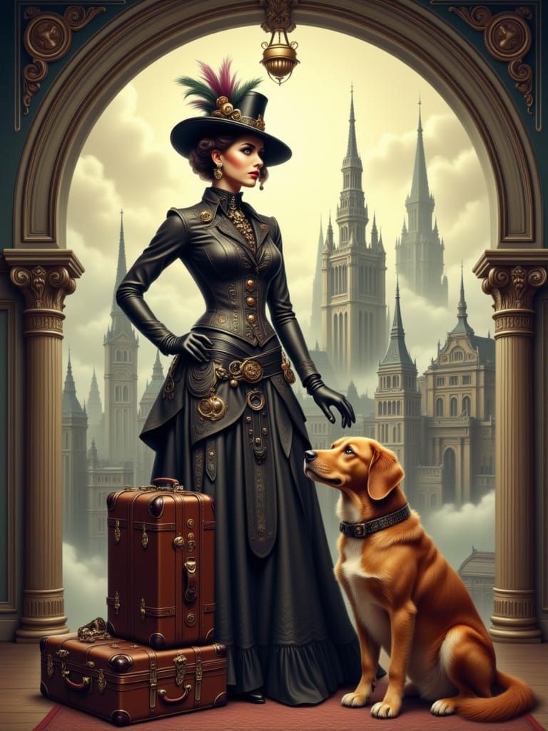 Steampunk Woman and Dog in Victorian Cityscape