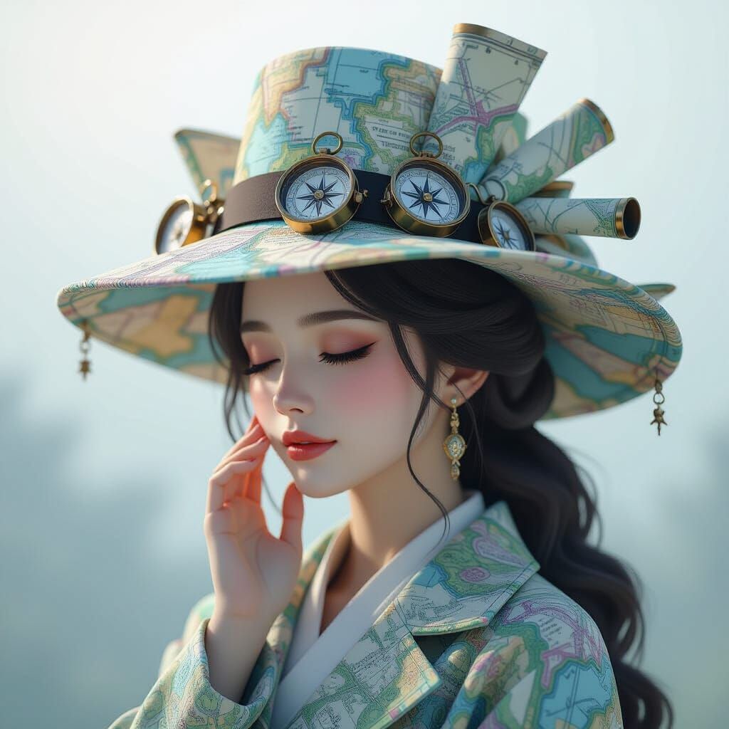 A surreal portrait of a woman wearing an elaborate hat constructed from intricately folded maps and compasses. ...  by @Hani1