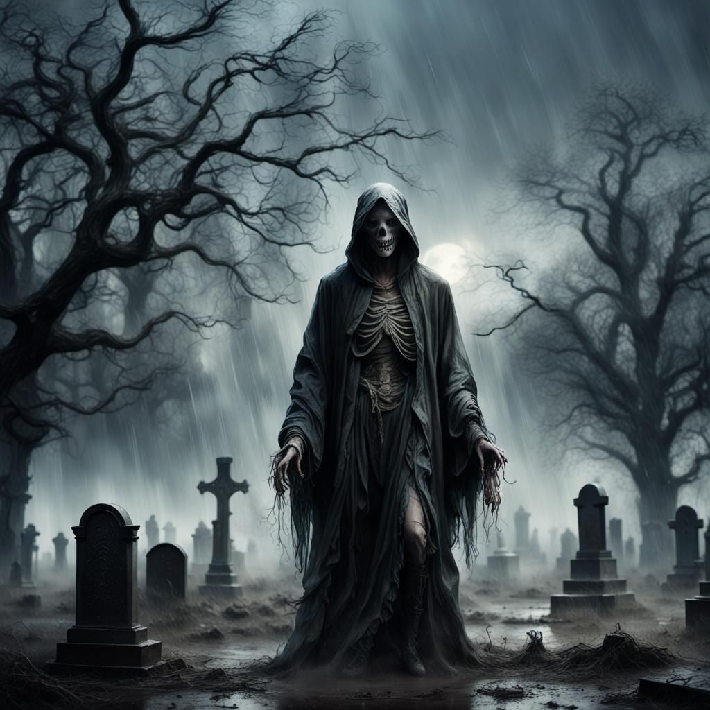 Ethereal Apparition Rising in Gloomy Cemetery