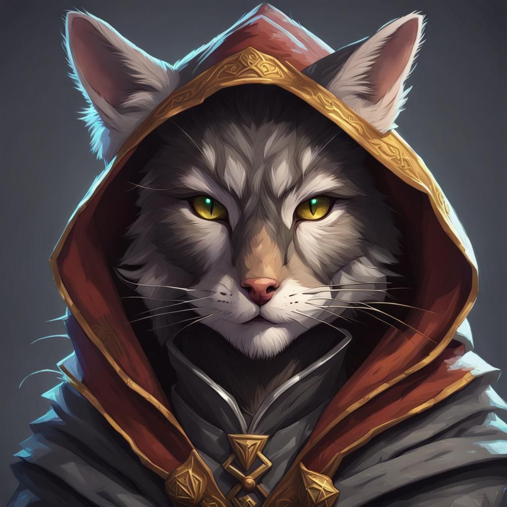 dnd, tabaxi, bard, hooded, alone, grey fur, black cape, furry, book and ...