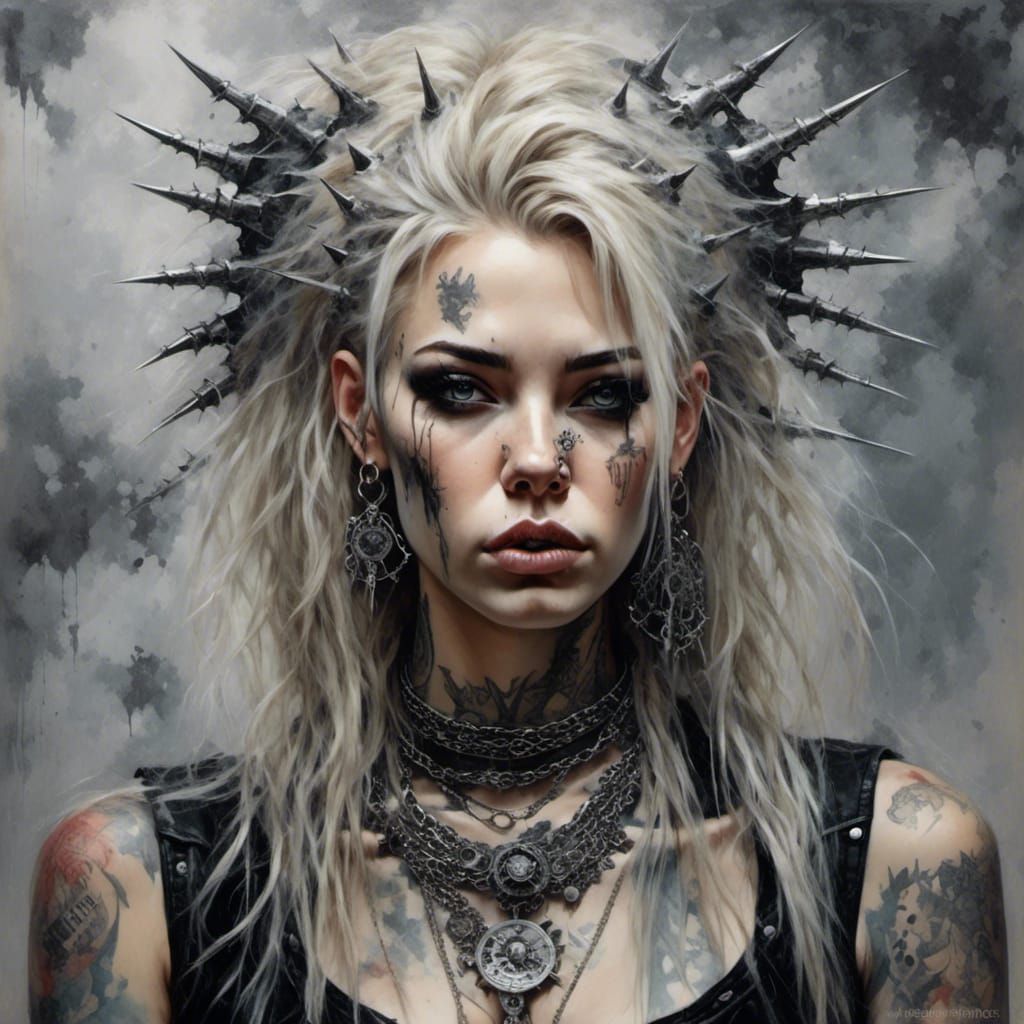 <lora:Artistic metal:1.0> fat, curvy, blonde woman, long hair, long hair woman, mansion, intricate spiked metalhead jewelry, full body, comb...
