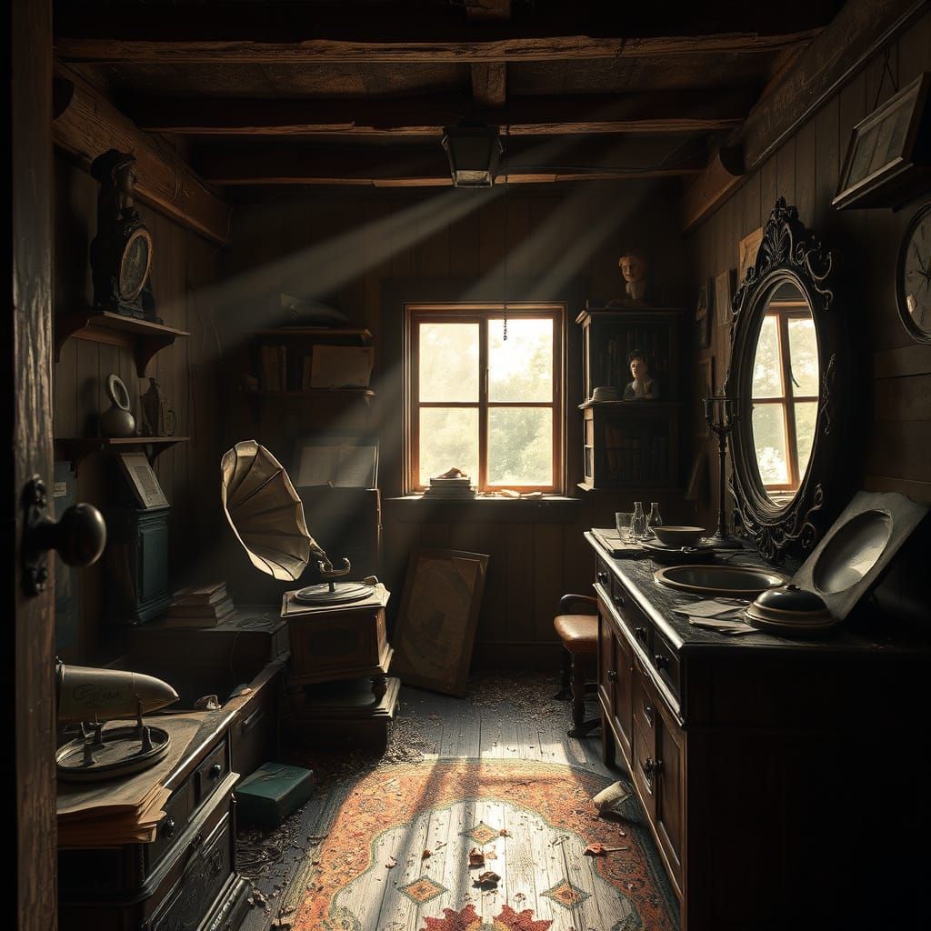 Sunlit Attic with Forgotten Relics and Mystical Mirror