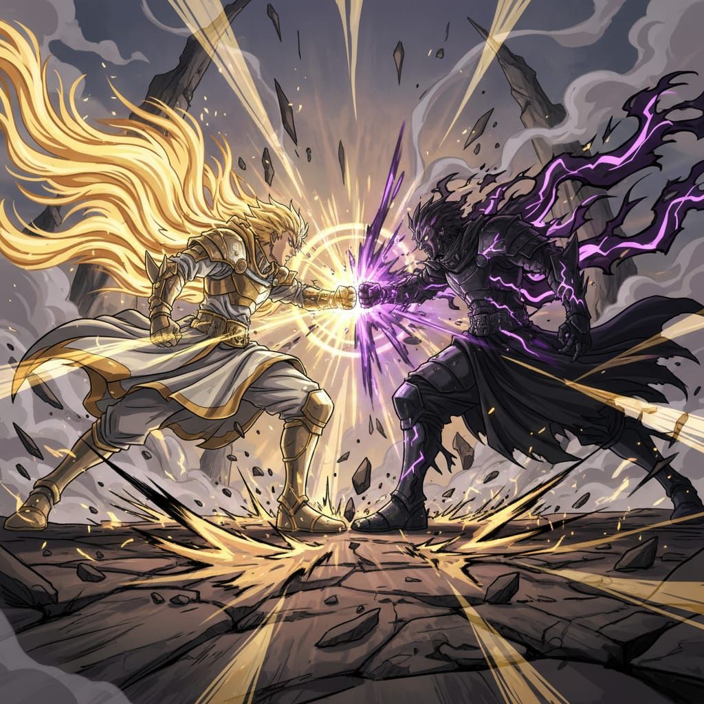 A radiant hero glowing with golden energy faces a shadowy rival cloaked in black lightning. Their fists ...  by @Aine Boden