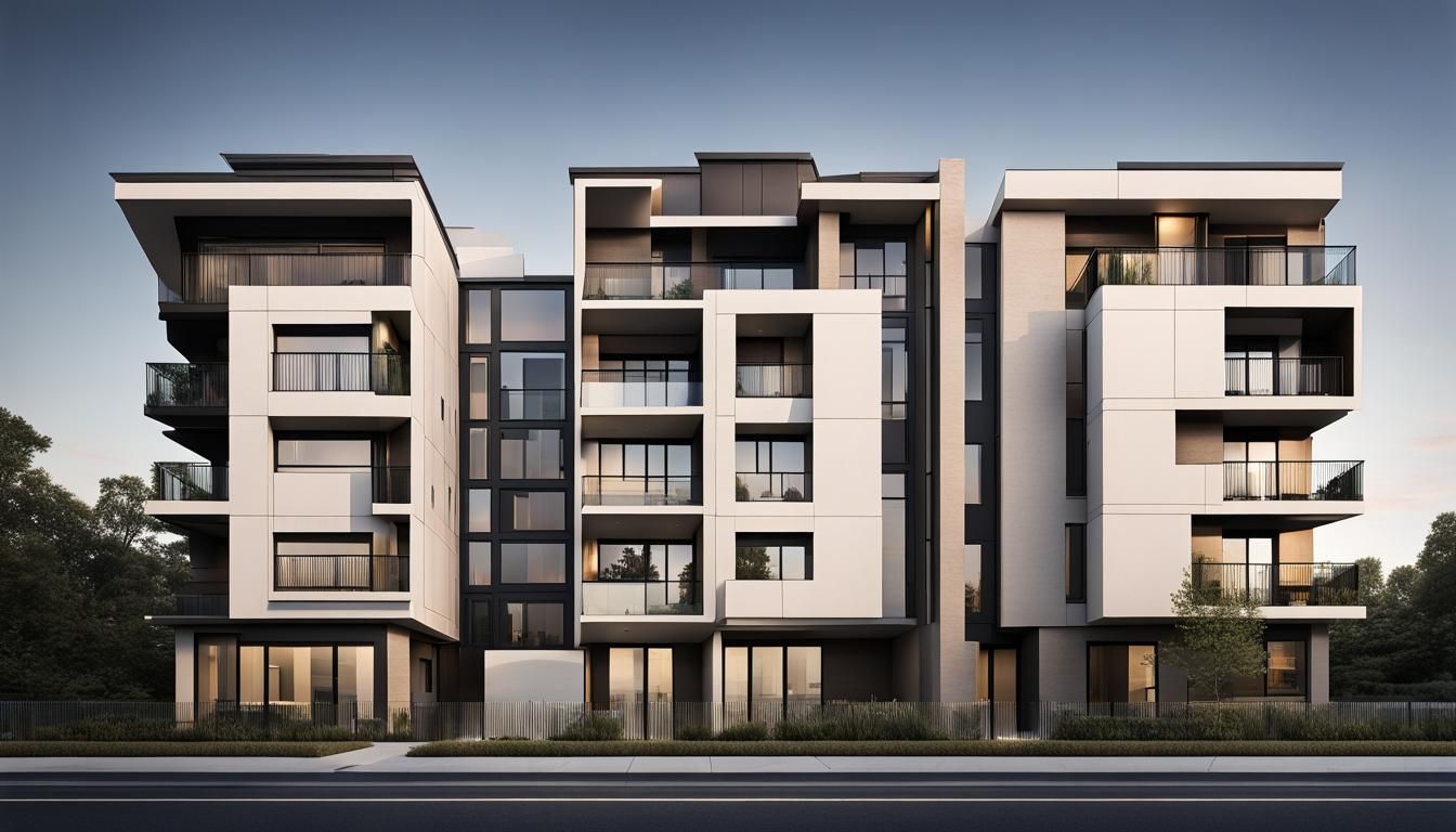 professional photo of 4-story apartment building, very moder...