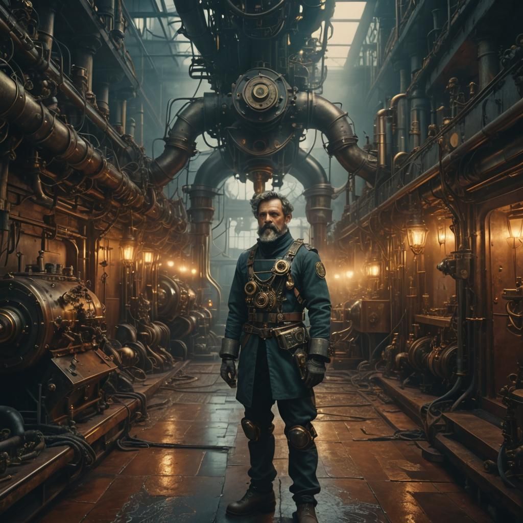 Steampunk Engine in Foggy Laboratory, Digital Matte Painting