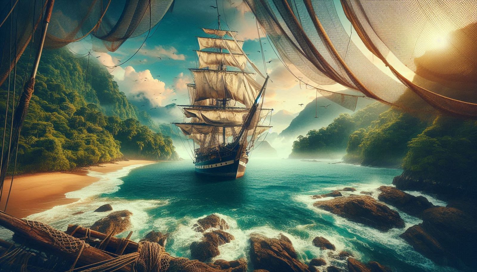 Sailing ship near the shore