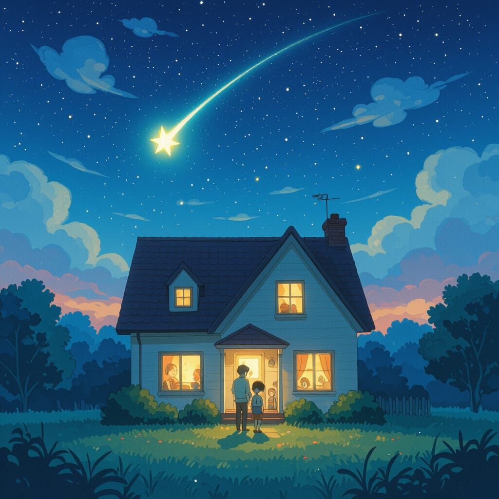 Whimsical Night Sky Home with Falling Star