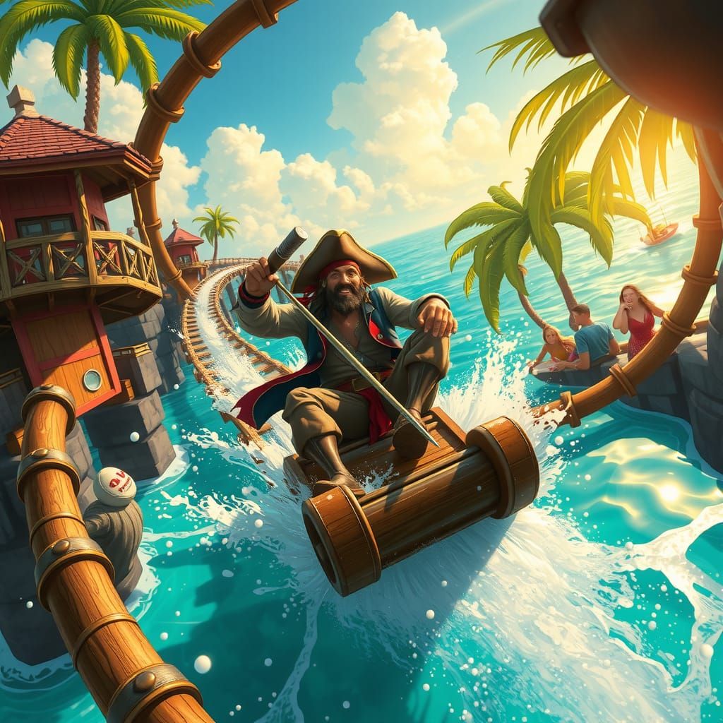 A pirate theme park, exciting ride, water splashing, laughter, smiles, excitement!