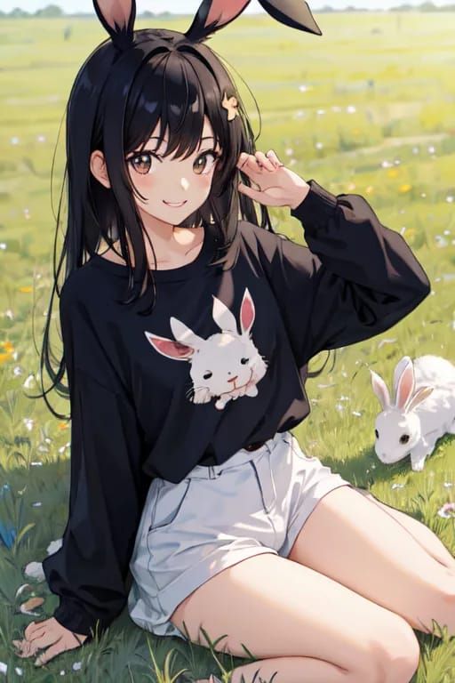 Moon in the grass field with her rabbit
