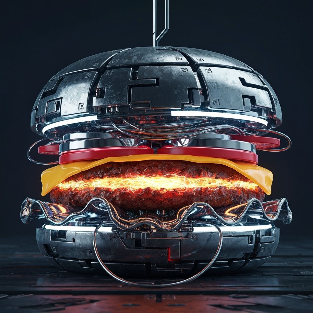 For today's challenge, envision a juicy hamburger made entirely of polished steel and glowing neon lights. ...  by @undefined