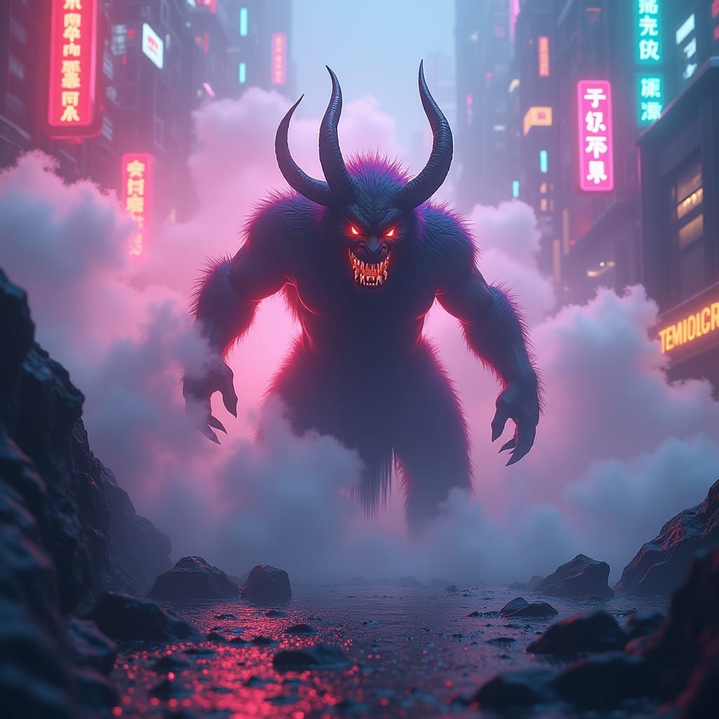 Oni in Neon Cyberpunk Dreamscape, Concept Art
