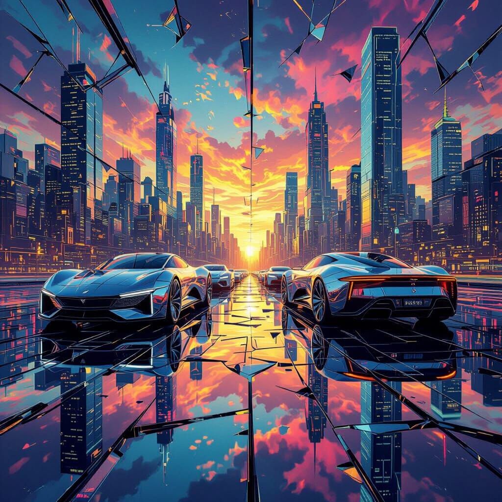 Imagine a futuristic cityscape reflected in countless shattered mirror shards, each displaying a different perspective of the same scene, cr...