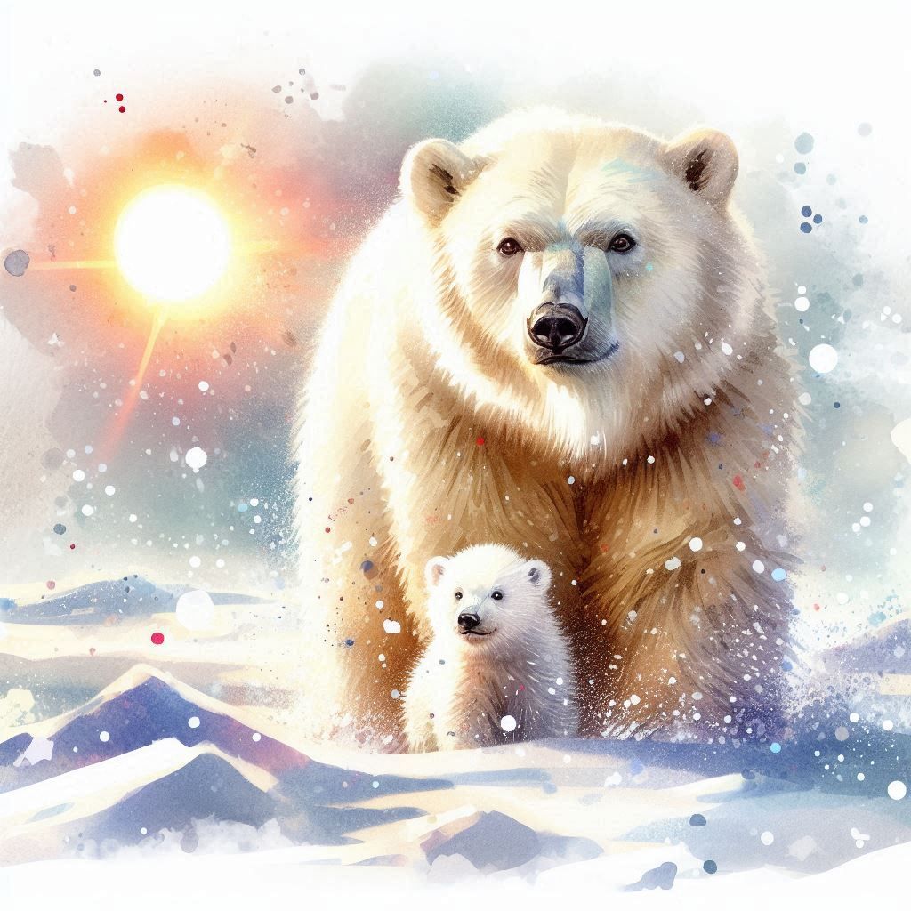 Polar Bear And Her Cub in the sun