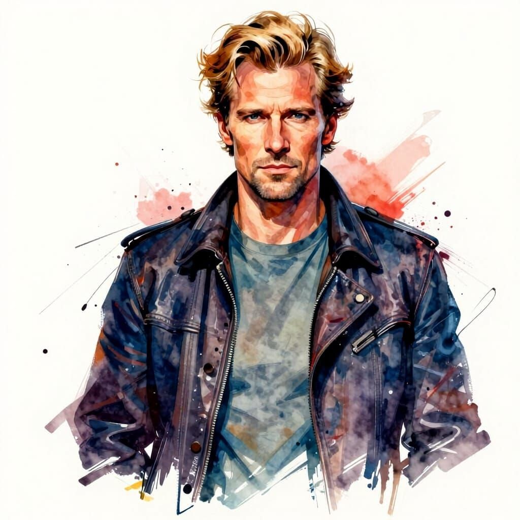 Handsome European Man in Dynamic Watercolor Style