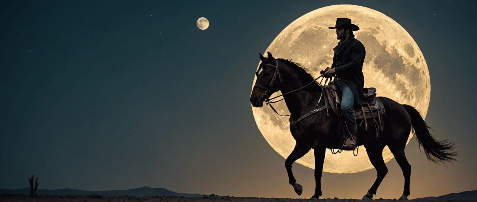 Gunslinger man ridding a horse full moon  by @Ori