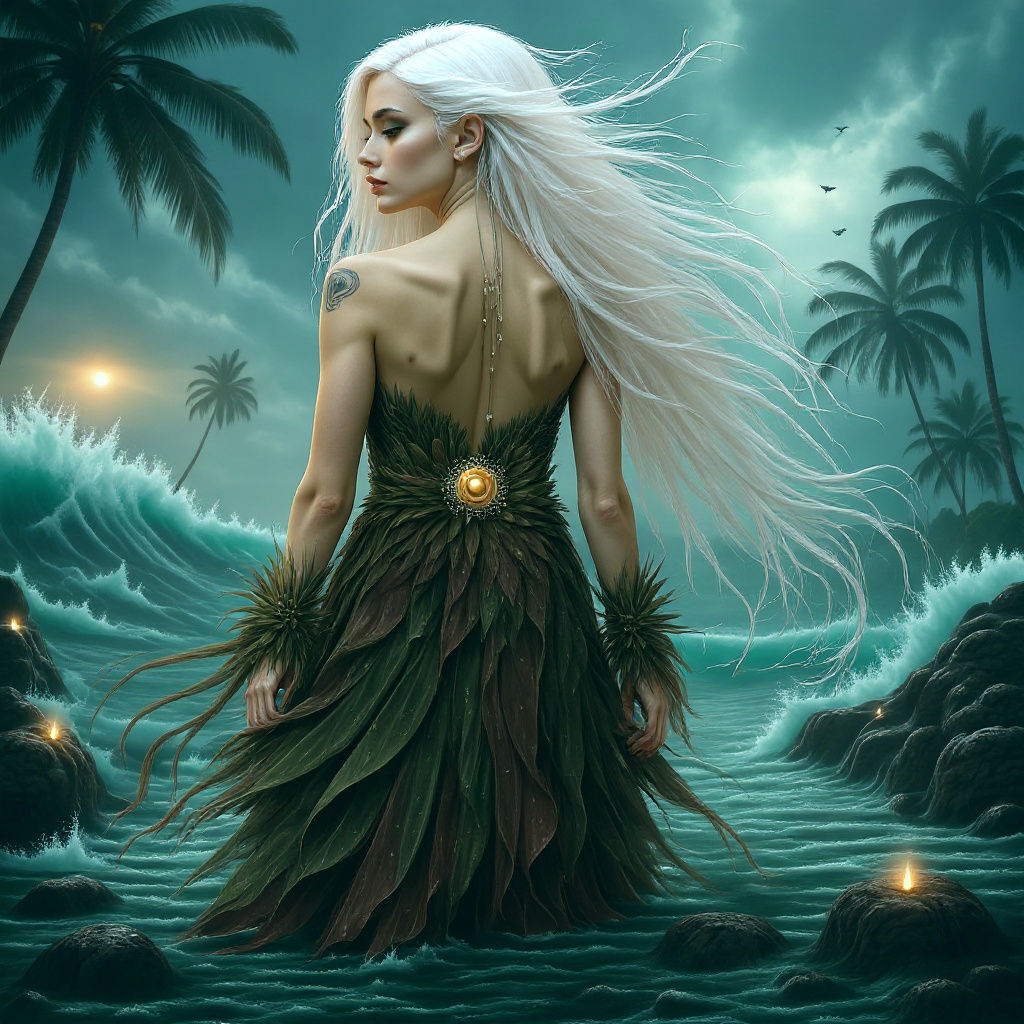 <lora:Dreamy Enchantment:1.0> <lora:Abstract Reality:1.0> Create a tall Caucasian woman waist deep in an extremely violent ocean near the sh...