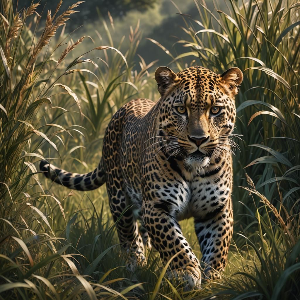 Leopard stalking its prey through long grass with intense ey...