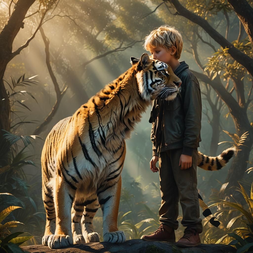 Blonde Boy's Gentle Kiss with Tiger Cub