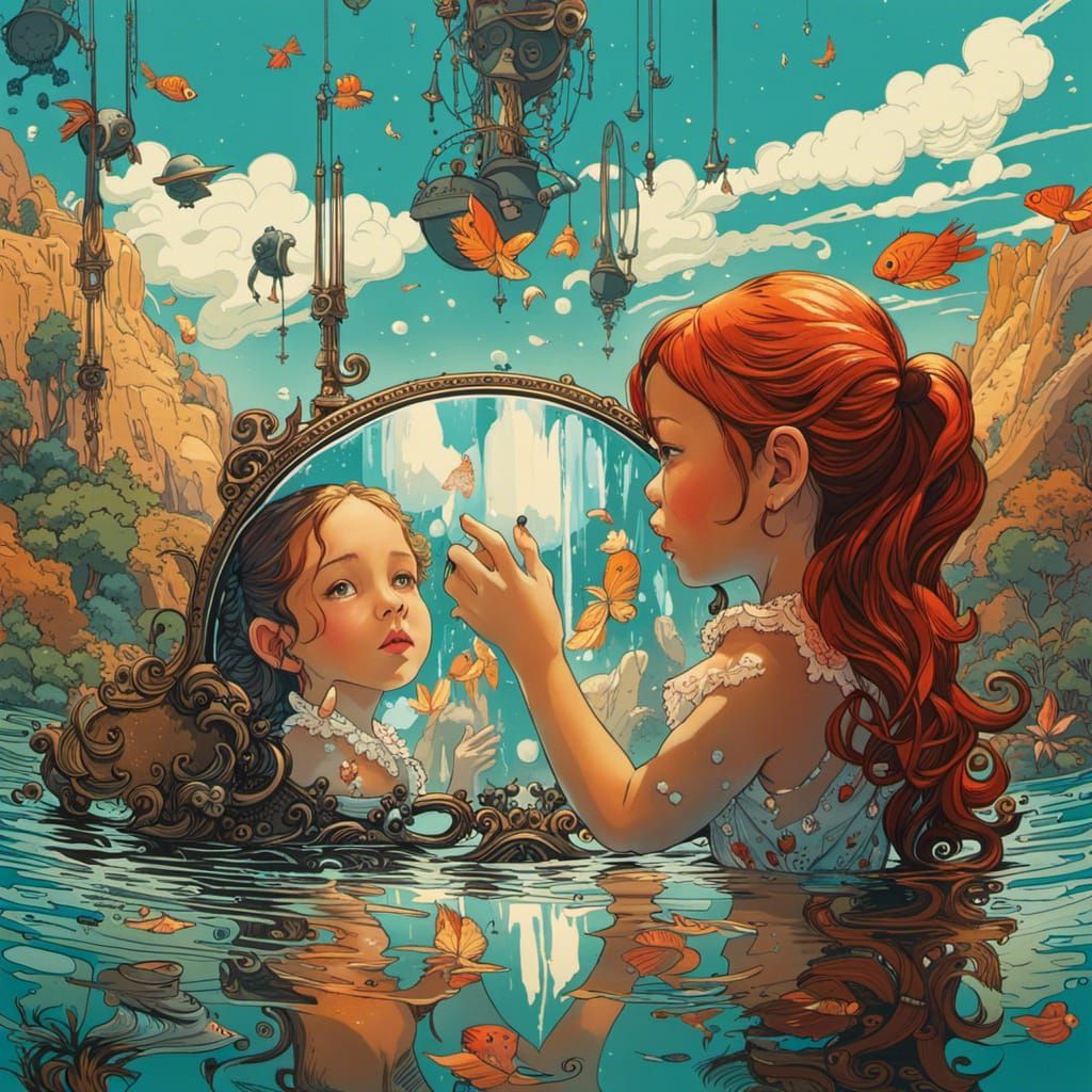 Girl Reaching for Mirrored Reflection in Water