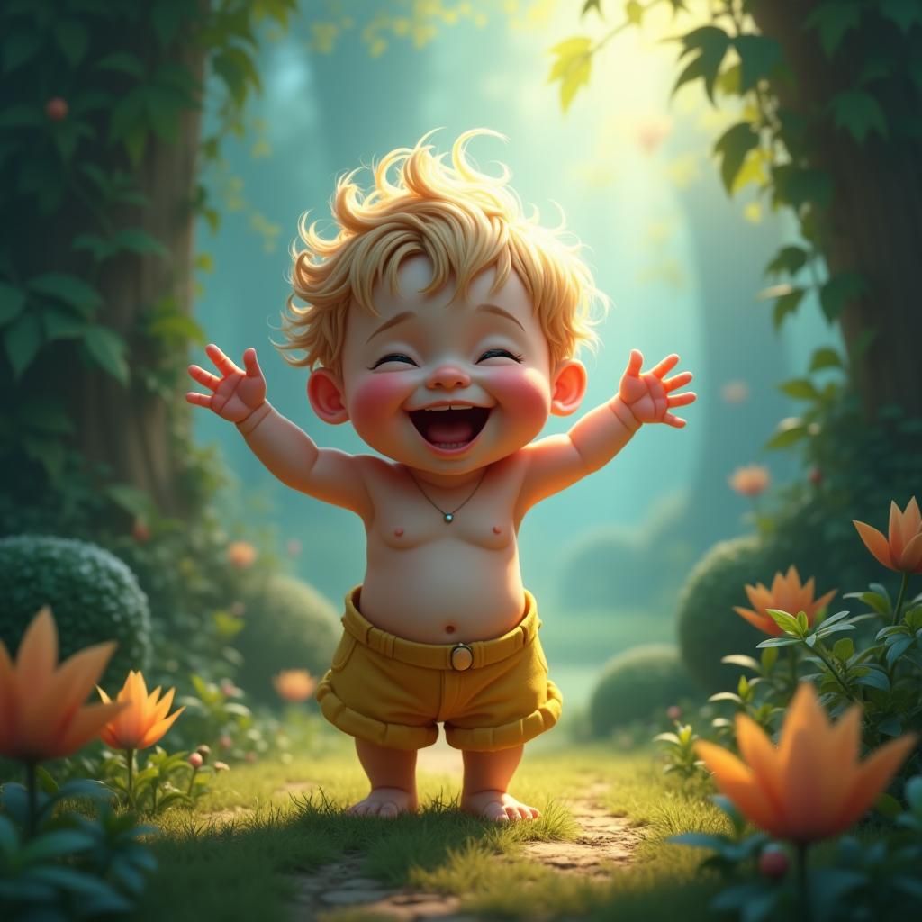 Joyful Toddler in Mystical Dreamworld Landscape