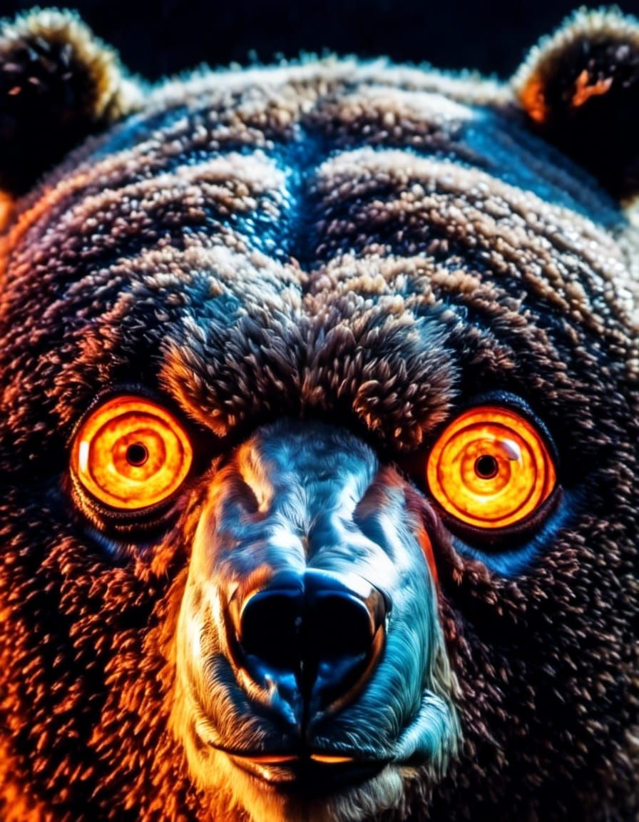 "Close-up Microphotograph: Towering obese Bear (Lamp Eyes)- Confident Fuzzy, perfect anatomy": <lora:BearZFX0LampEyes:1.0> <lora:FlamBear:1....
