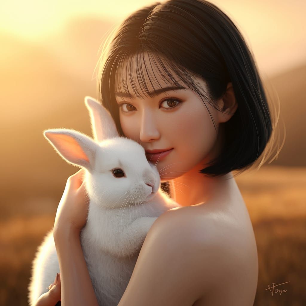 A Thai Woman Tenderly Holds a Fluffy White Rabbit Amidst a G...
