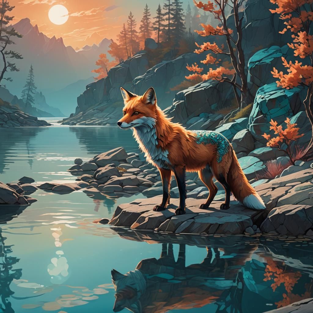 Mystical Fox Reflection on Calm Lake Shore