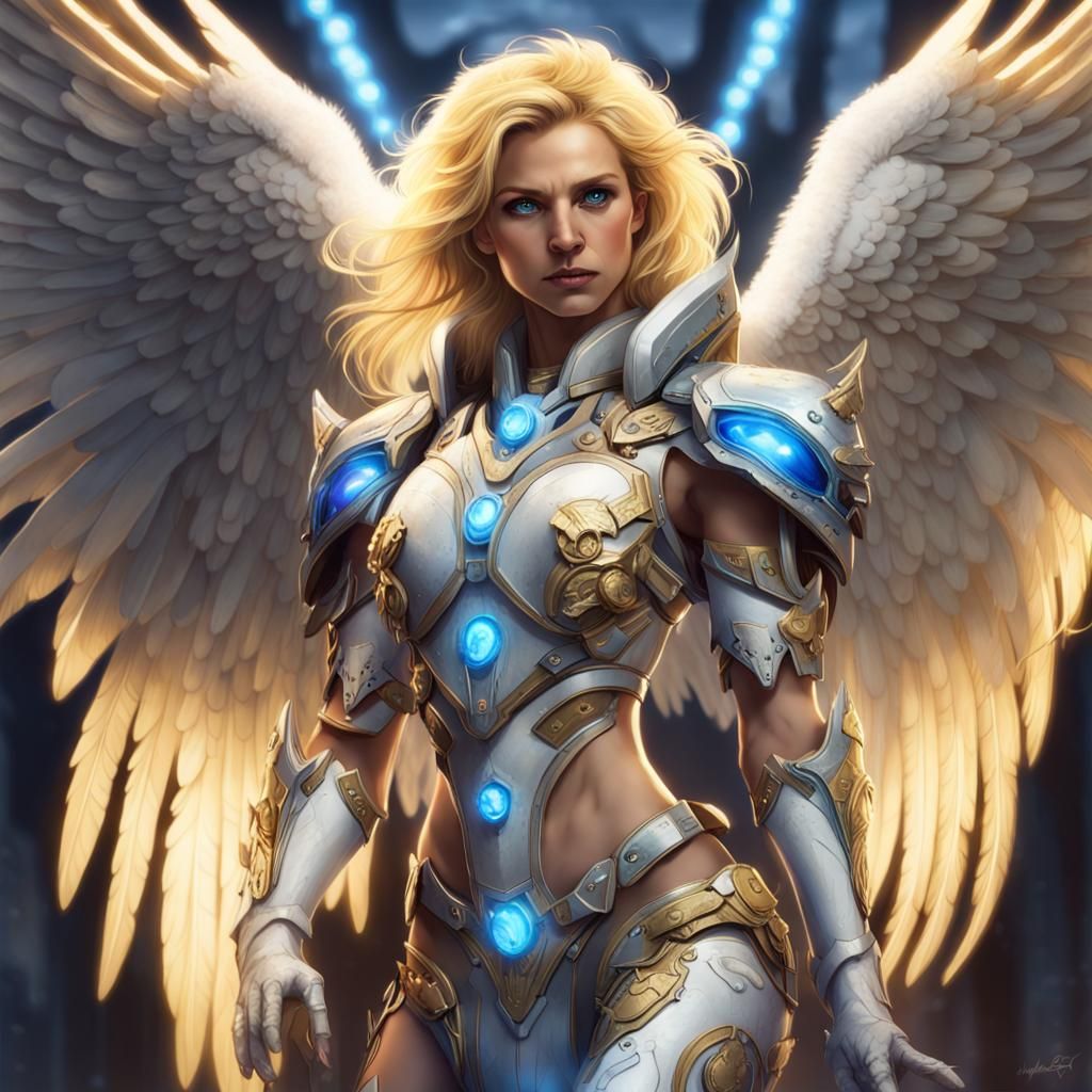 Anthro lioness with blonde hair, blue eyes, with angel wings, the wings ...