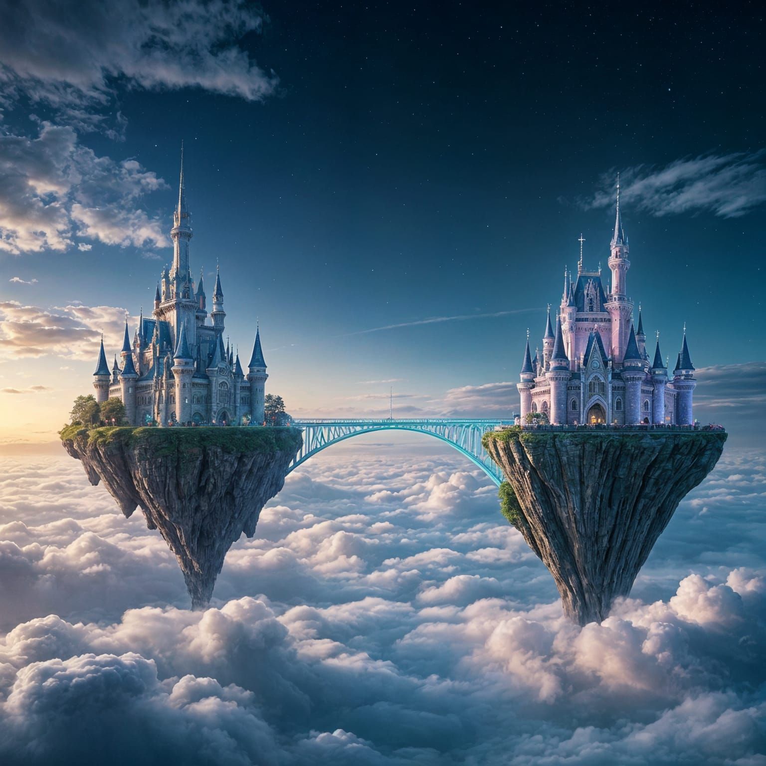 Luminous Bridge Between Floating Island Castles