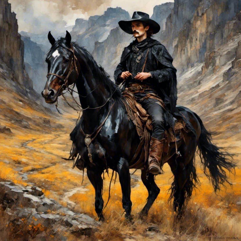 Hauntingly beautiful young cowboy of slavic ancestry, dressed in black against dramatic western scenery, moustache no beard <lora:DRAGON KEE...