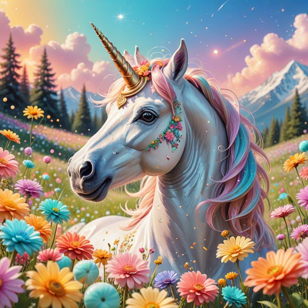 Whimsical Unicorn in Vibrant Candy Meadow