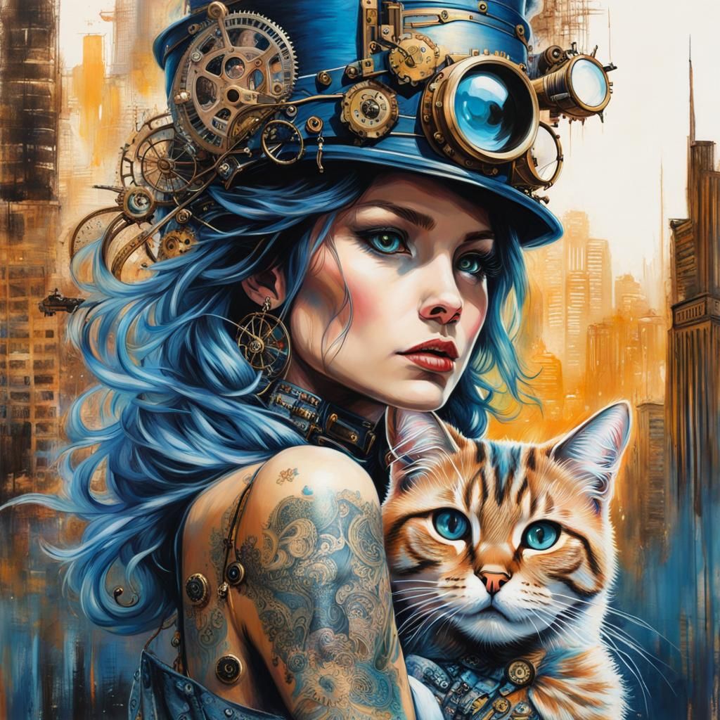 Woman and cat painting