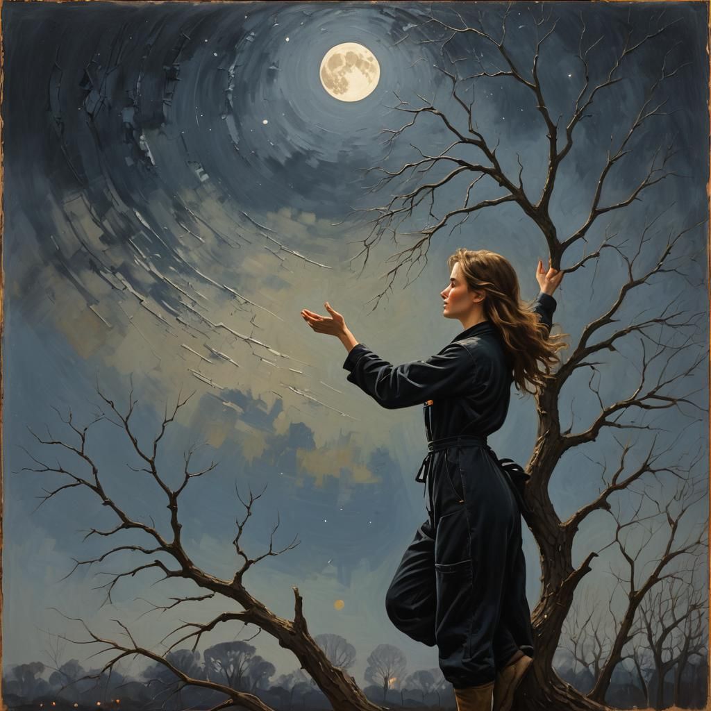(Silhouette lady in black coveralls lifting her hands and re...