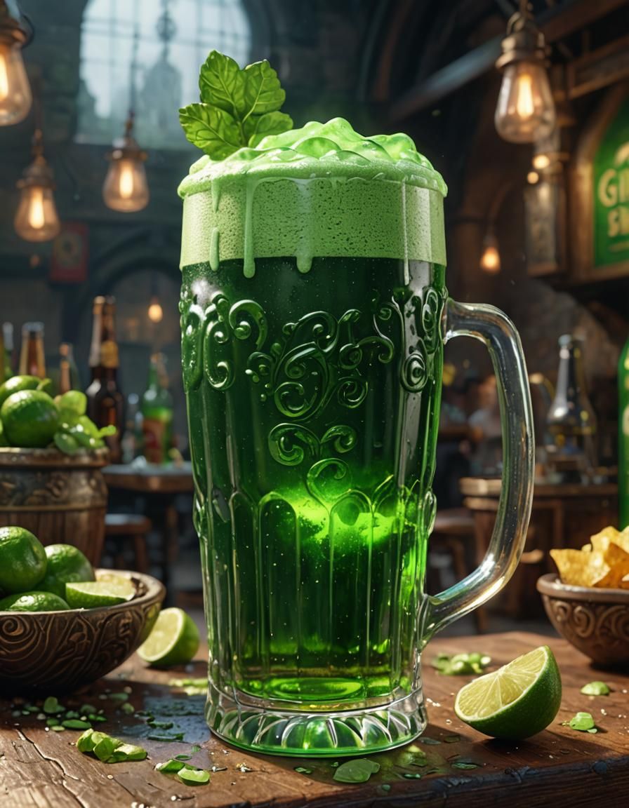 Scrumptious delicious cold refreshing green beer with a larg...