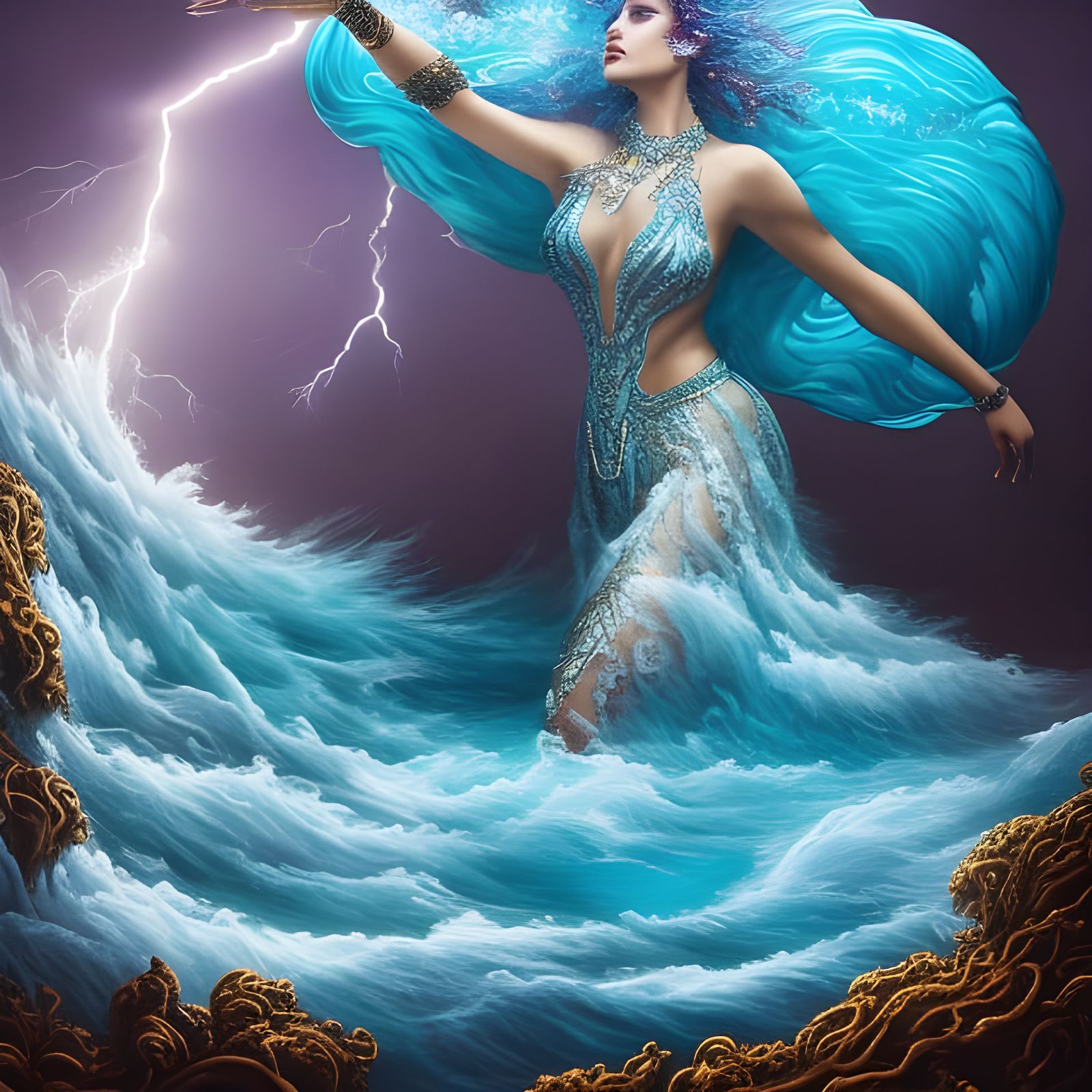 "goddess of water" emerging from. the ocean, whirlpool and l...