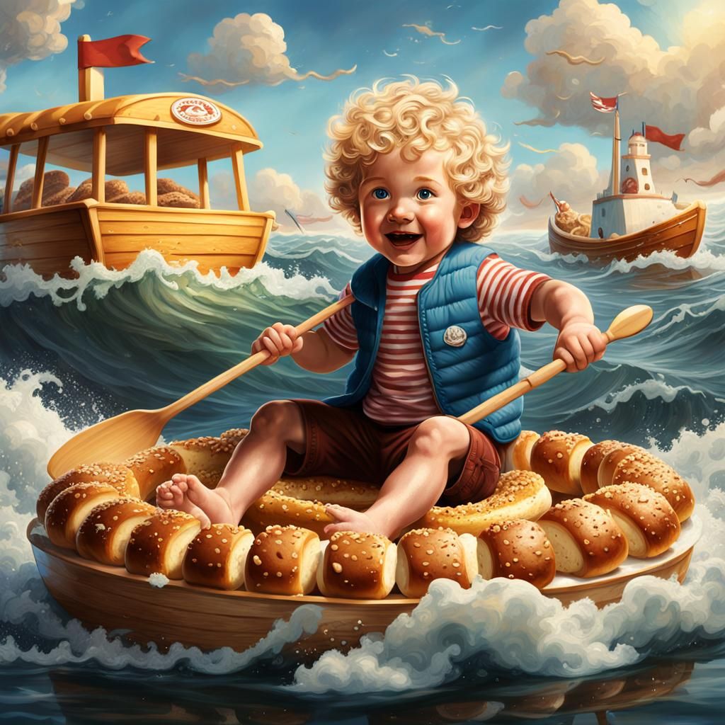 Boy on Bagel Boat in Cheese Sea