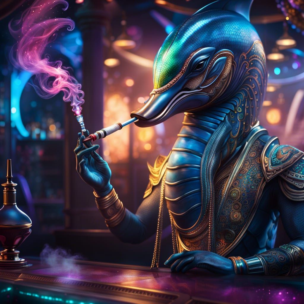 Cosmic alien dolphin being smoking a Quantum laser hookah Hy...