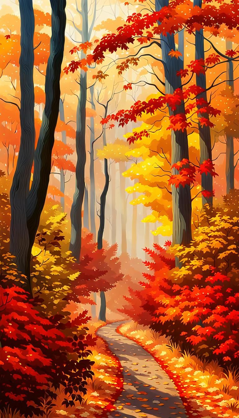 a forest path covered in a blanket of red and gold leaves.