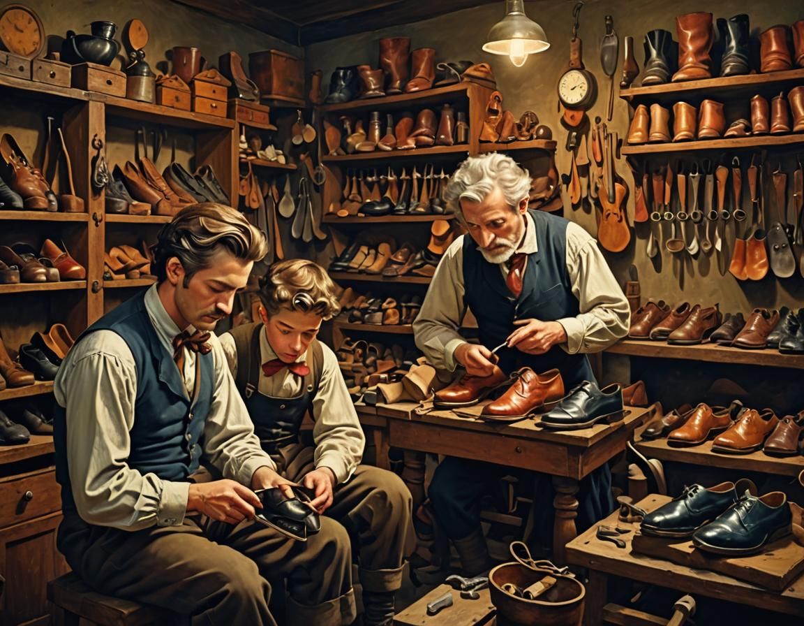 Schuhmacherei Und Alden-schuhe Reparatur Eduard Schmalz Lehrling und Meister Schuhmacherei - AI Generated Artwork - NightCafe