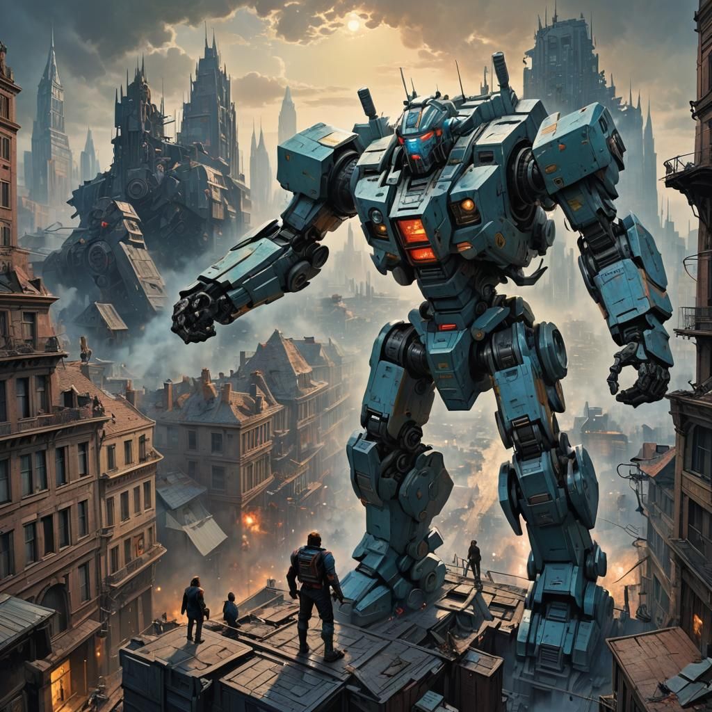 Giant mecha in the city  by @BACHELARD