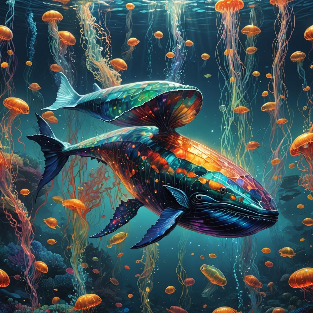 Underwater view of a huge fantastical glowing transparent gl...