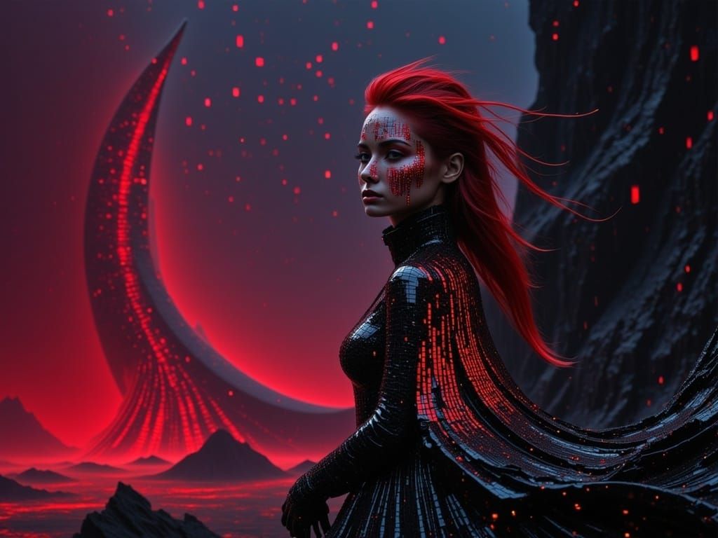 black light photography, nighttime, digital, volcano, a futuristic woman on cliff, long wind-whipped red hair, long black gown with red glow...