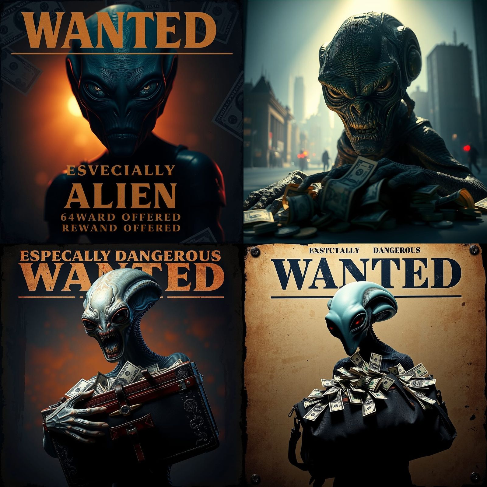 poster with the inscription wanted especially dangerous alien and a picture of an alien with the stolen money