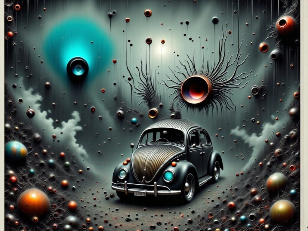 Ultra Realistic Fog Smoke, Dieselpunk Submarine VW Bug Submarine with Submarine-like features, Underwater on alien World, Surreal Cave, Stra...