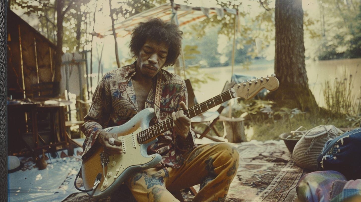 Jimi Hendrix is playing guitar in an intimate setup while camping with a few friends. Circa 1969